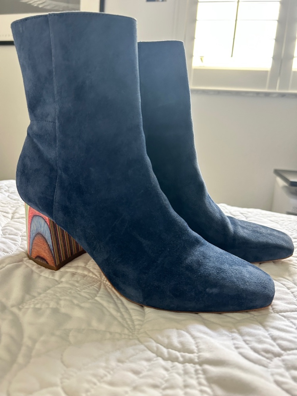 Charlotte Stone Navy Suede Ankle Boots with Patterned Block Heel